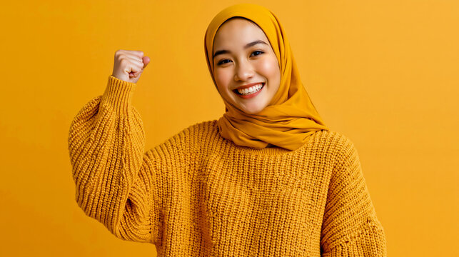 A smiling woman in a yellow sweater and hijab with her fist raised