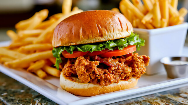 A close-up of a chicken sandwich with lettuce and tomato on a bun served with french fries in a white container