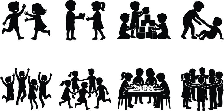 Children Teamwork and Friendship Activities Silhouette Set for Education and Community