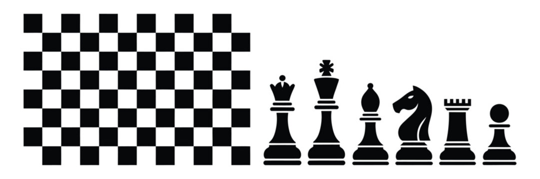 Chess Pieces Icon Vector minimal black chess figures in two distinct styles with classic chessboard for strategy game competition and graphic design