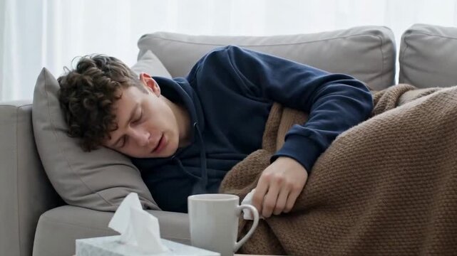 Young man feeling unwell resting on a couch with tissues and a mug of warm drink