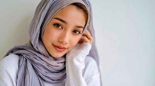 A woman wearing a hijab and a white sweater smiling and touching her face with her hand