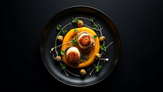 Gourmet Scallops with Pumpkin Puree on Black Plate.