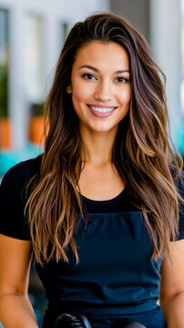A smiling woman with long brown hair wearing a black top