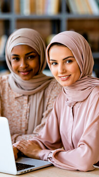 Two women wearing hijabs are sitting at a table with a laptop smiling and looking at the camera