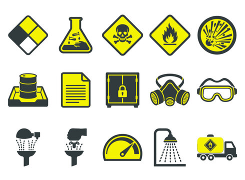 Chemical hazard identification and laboratory safety protocol symbols in dual-tone style for EHS compliance apps, chemical industry platforms, laboratory safety dashboards, and hazmat training UI desi