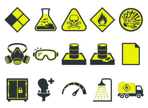 Chemical hazard identification and laboratory safety protocol symbols in dual-tone style for EHS compliance apps, chemical industry platforms, laboratory safety dashboards, and hazmat training UI desi