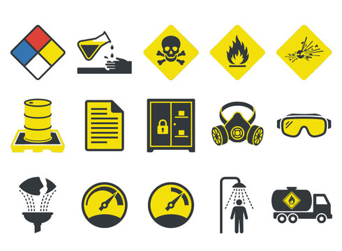 Chemical hazard identification and laboratory safety protocol symbols in dual-tone style for EHS compliance apps, chemical industry platforms, laboratory safety dashboards, and hazmat training UI desi