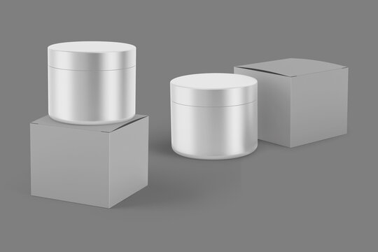 Cosmetic jar and square box mockup, isolated on white background.Plain white glass cosmetic jar with square packaging box on isolated background.3d rendering
