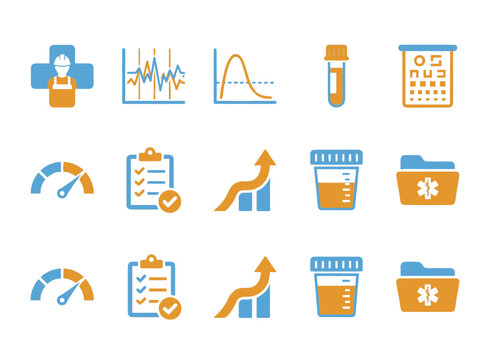 Occupational health surveillance and worker wellness monitoring symbols in dual-tone style for OH apps, health surveillance platforms, employee wellness dashboards, and occupational medicine UI design