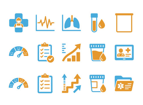 Occupational health surveillance and worker wellness monitoring symbols in dual-tone style for OH apps, health surveillance platforms, employee wellness dashboards, and occupational medicine UI design