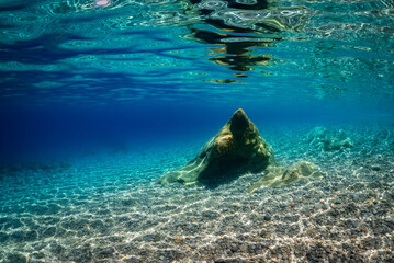 a boulder with a very particular shape under the sea © Pinosub