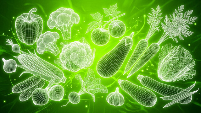 ワイヤフレームの色んな野菜　Vegetables　Wireframe　Green