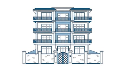 Fototapeta premium Modern Apartment Building Facade with Balconies and Gated Entrance