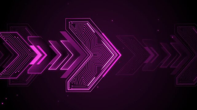 Neon futuristic arrow shapes with circuit-patterned hex arrow pointing right background animation