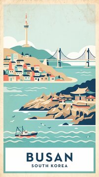 Vintage retro travel poster Busan South Korea, colourful hillside Gamcheon village, N Seoul Tower, suspension bridge and fishing boat on turquoise coastal bay under soft blue sky. Korean port city 