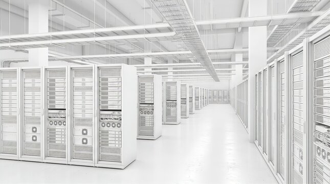 Modern White Data Center Server Room with Rows of Computer Racks for Cloud Computing and IT Infrastructure