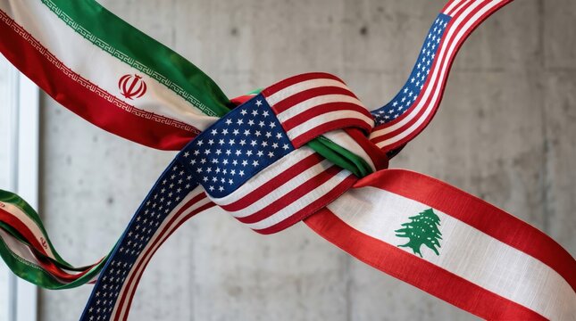 Opened ingredientIntertwined Ribbons of USA, Iran, and Lebanon Flags Tied in a Complex Knot Concept over Concrete Background