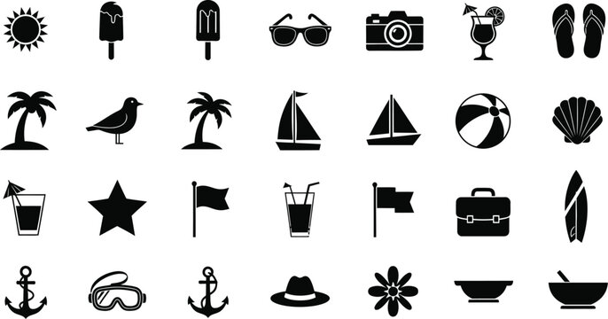 Black vector beach summer icons set