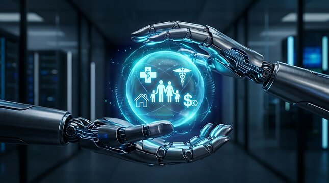 Artificial intelligence transforming essential services: securing healthcare, finance, and smart home protection. Robotics innovation drives integrated digital solutions for future well-being.