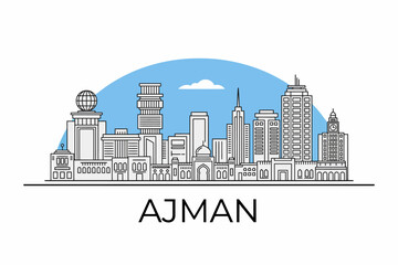 Naklejka premium Line Drawing Sketch Illustration of Ajman City Skyline with Modern Buildings