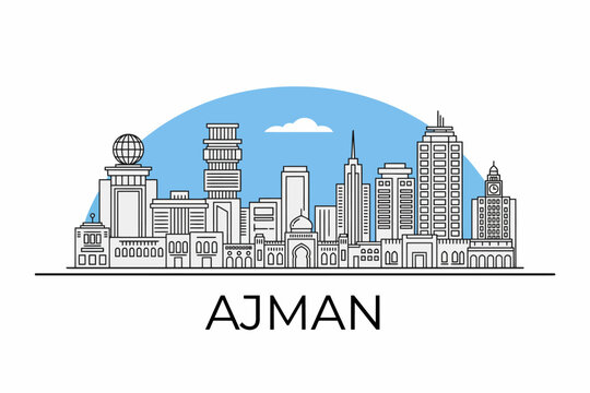 Line Drawing Sketch Illustration of Ajman City Skyline with Modern Buildings