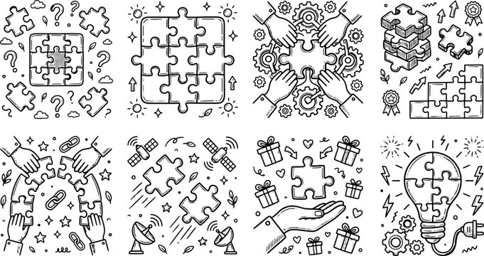 Puzzle pieces problem solving concept illustration set with teamwork and business innovation icons solution teamwork innovation business cooperation strategy collaboration lightbulb
