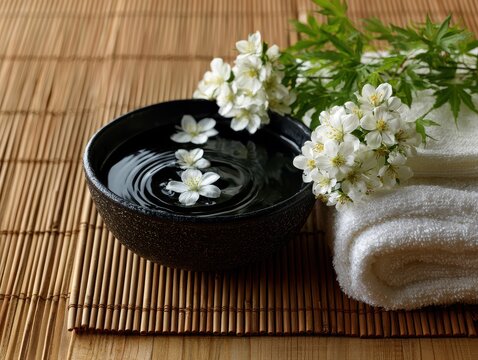 An overhead shot of spa treatment elements: a black bowl with water and floating white flower petals, a bamboo mat, and a fresh white towel