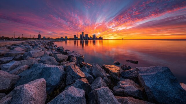Dramatic sunset over the Milwaukee skyline reflected in Lake Michigan with rocky shoreline
