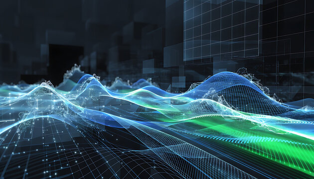 Flowing futuristic data waves on dark digital grid with neon glow