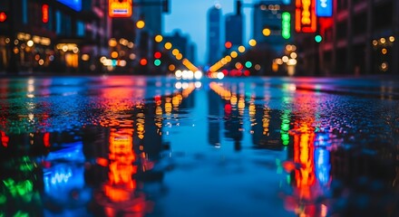 Fototapeta premium Blurred City Street Lights Reflected in Rain Puddle at Night.