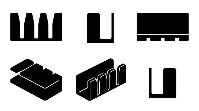 Black Industrial Slotted Cable Duct and Support Bracket Icon Set