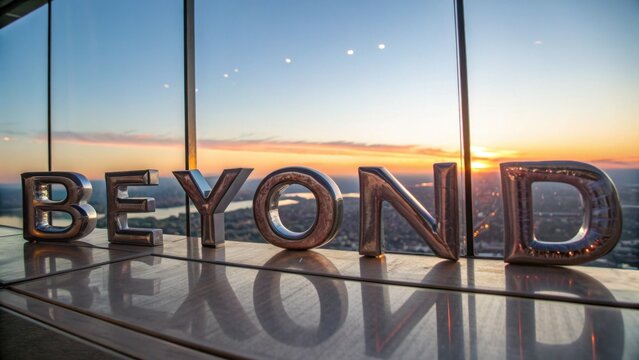 Inspirational view of the sunset with the word 'BEYOND' in shiny letters against a city skyline and vibrant sky colors
