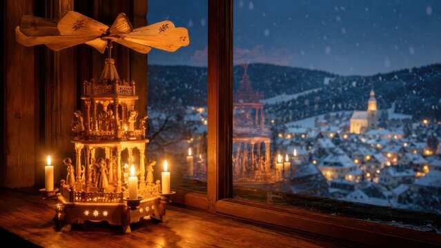 Erzgebirgische Weihnachtspyramide am Fenster mit Blick auf verschneite Winterlandschaft. Traditionelle deutsche Weihnachtsdekoration mit Kerzenlicht und festlicher Atmosph&auml;re.