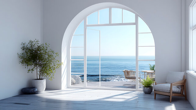 Modern home with ocean view through large arched window