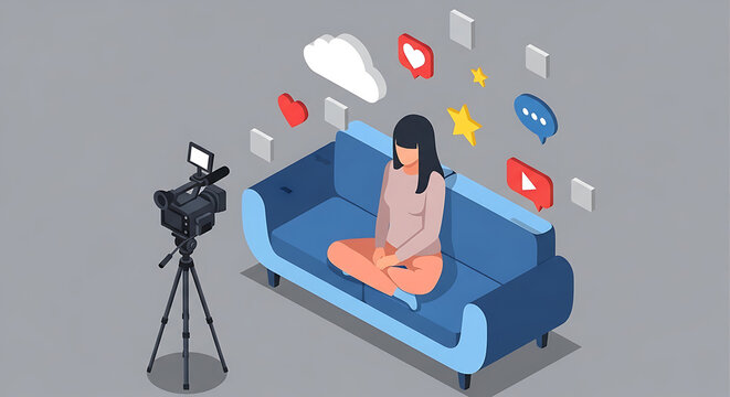 Influencer creating content for social media sitting on sofa with camera influencer marketing streaming communication lifestyle internet technology recording platform connection audience