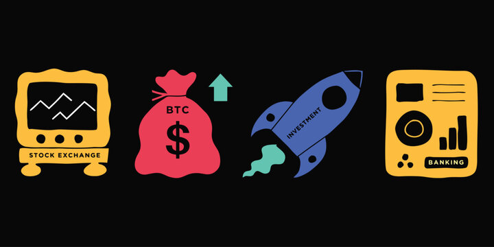 Flat hand drawn finance icons set with stock market and crypto themes.