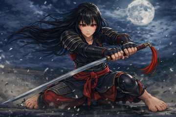 Obraz premium donna kunoichi guerriera giapponese dai lunghi capelli neri e tatuaggio irezumi su di un braccio, woman Japanese kunoichi warrior with long black hair and an irezumi tattoo on one arm