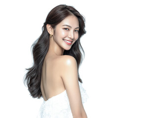Fototapeta premium A young Asian woman with glass-like radiant skin creates a premium skincare visual ideal for beauty, cosmetic, and wellness advertising campaigns.