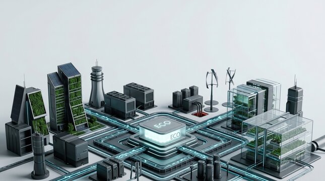 Futuristic smart city model with green technology integration, sustainable urban planning.