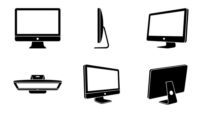 Flat vector icons showing desktop display from multiple viewing angles