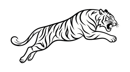 Dynamic Tiger Silhouette - Fierce Predator Mid-Leap, Black and White Line Art © Duren
