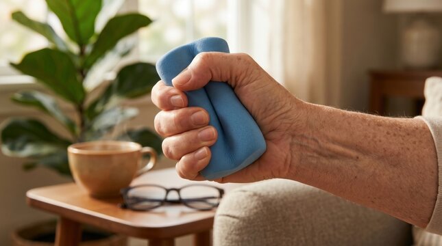 Mature hand squeezing grip trainer in close-up, showing tactile hand strength, dexterity and functional independence wellness routine.