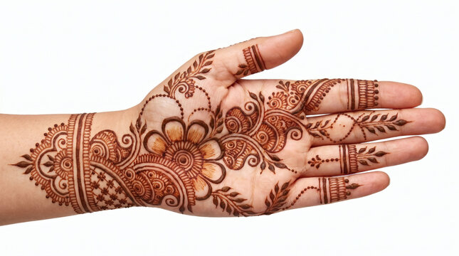 Traditional henna mehndi design on female hand with floral patterns isolated on white background