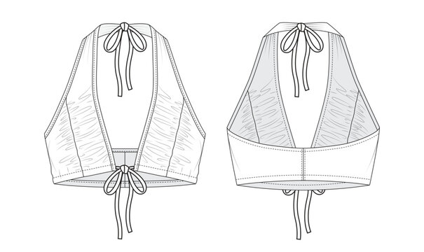 Halter Crop Top Flat Sketch Technical Fashion Vector Illustration Front and Back View