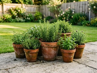 Fototapeta premium Terracotta potted plants arranged on a backyard stone patio
