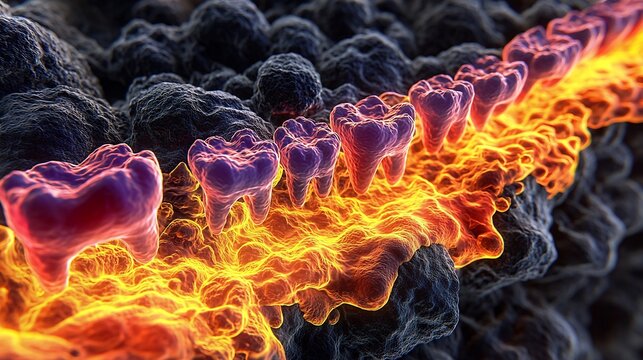 3D medical illustration of periodontal disease showing inflammation and infection along the gum line with glowing orange heat effects