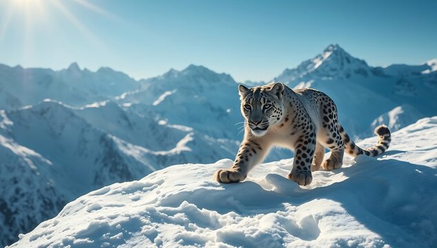 Snow leopard walking on snowy mountain peak with sunny background