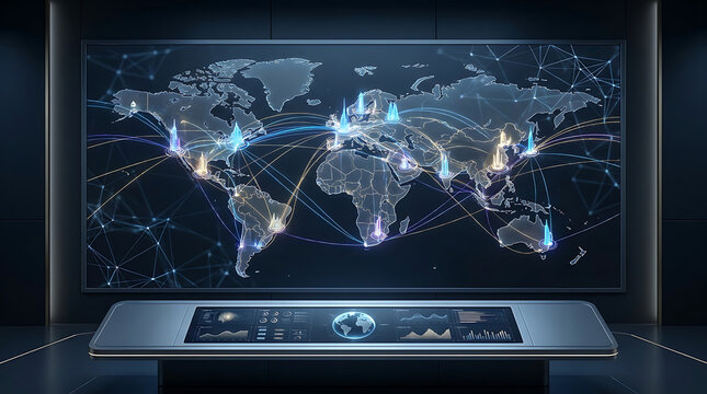Large digital wall screen displaying a global network map with glowing data paths in a dark high-tech command center with a control console