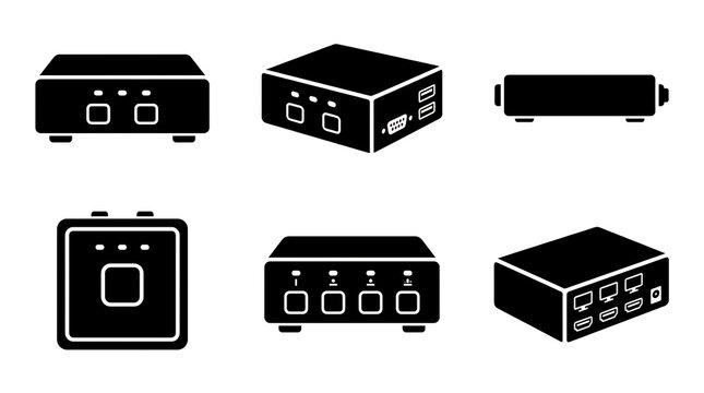 Minimalist black KVM switch and electronic hub vector icon set